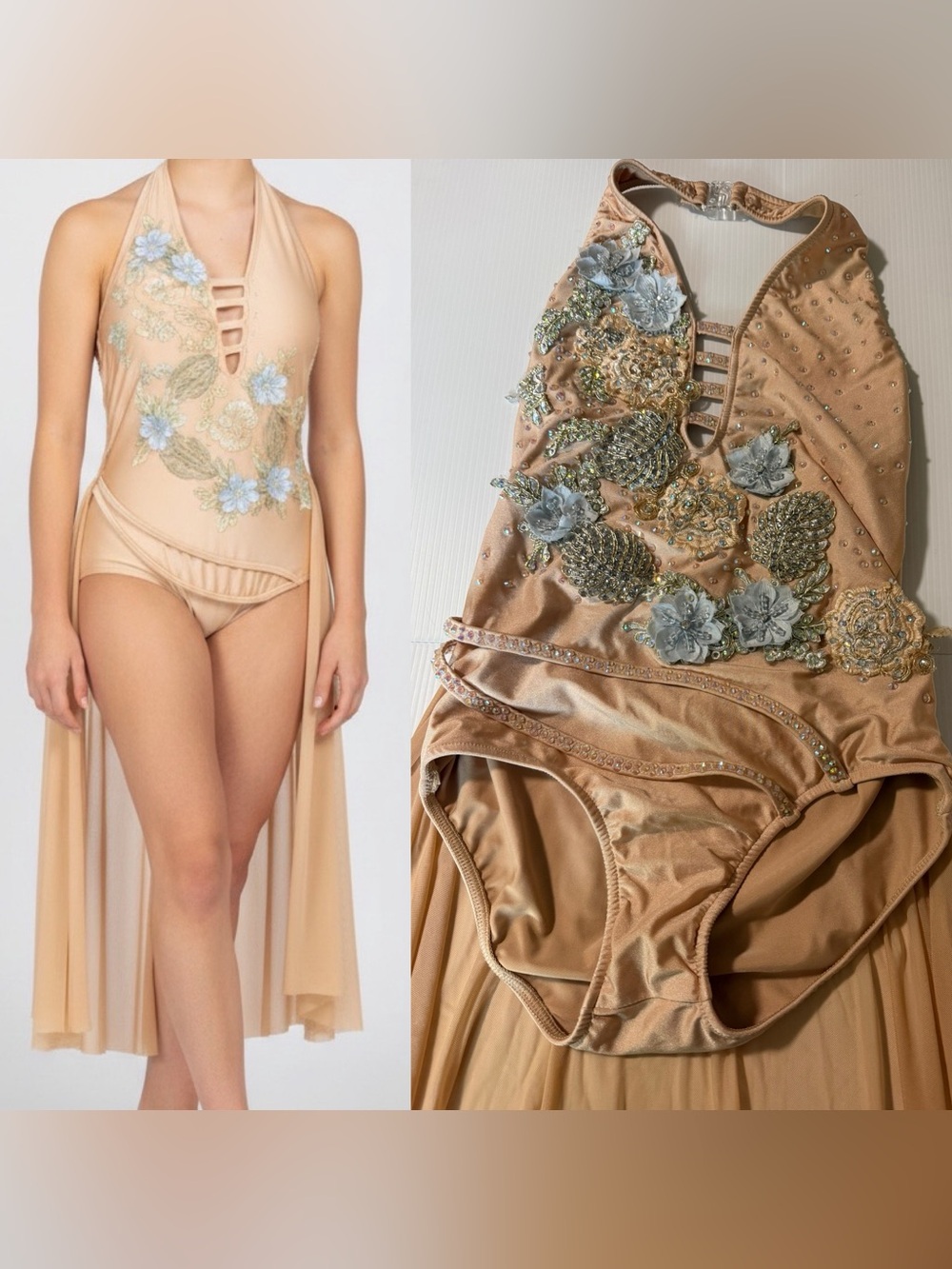 Glamour solo dance costume tan nude illusion rhinestone lyrical dress Leotard LA